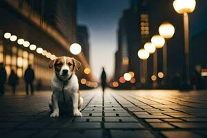 uma cachorro sentado em a rua dentro frente do uma cidade. gerado por IA foto