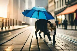 uma gato caminhando em uma cidade rua com a guarda-chuva. gerado por IA foto