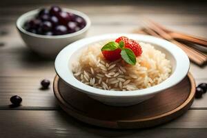 a arroz é servido com uma morango e uma tigela do pauzinhos. gerado por IA foto