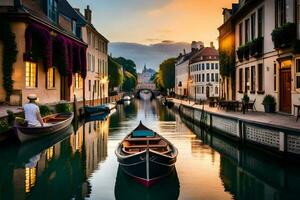 barcos estão ancorado dentro uma canal às pôr do sol. gerado por IA foto