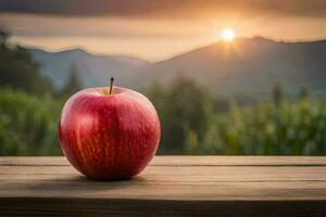 a maçã senta em uma de madeira mesa dentro frente do uma montanha. gerado por IA foto
