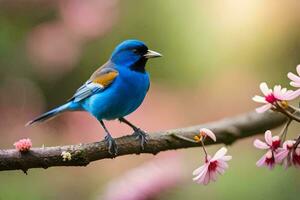 uma azul pássaro senta em uma ramo com Rosa flores gerado por IA foto