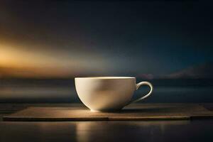 uma copo do café em uma mesa dentro frente do a oceano. gerado por IA foto