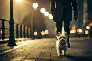 uma homem caminhando dele cachorro em uma cidade rua às noite. gerado por IA foto