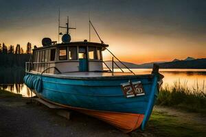 uma barco senta em a costa às pôr do sol. gerado por IA foto