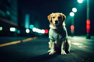 uma cachorro vestindo uma suéter senta em a rua às noite. gerado por IA foto