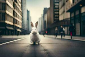 uma branco Coelho é em pé dentro a meio do uma cidade rua. gerado por IA foto