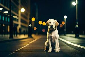 uma cachorro sentado em a rua às noite. gerado por IA foto