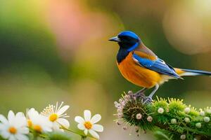 uma azul e laranja pássaro é sentado em uma flor. gerado por IA foto