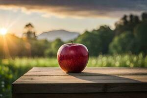 a maçã senta em uma de madeira mesa dentro frente do uma campo. gerado por IA foto