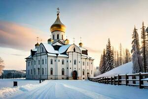 uma Igreja dentro a neve com uma dourado cúpula. gerado por IA foto
