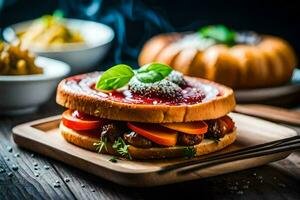 uma sanduíche com carne e legumes em uma de madeira borda. gerado por IA foto