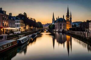 uma canal dentro a meio do uma cidade às pôr do sol. gerado por IA foto