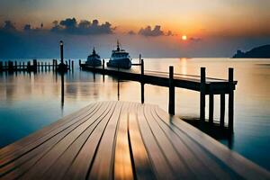 uma barco doca às pôr do sol com uma barco dentro a água. gerado por IA foto