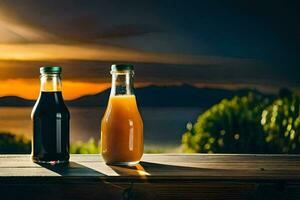 dois garrafas do refrigerante em uma de madeira mesa com pôr do sol dentro a fundo. gerado por IA foto