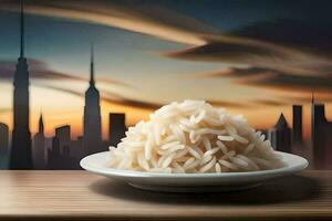 arroz dentro uma prato com paisagem urbana dentro a fundo. gerado por IA foto