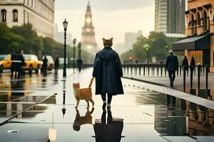 uma homem e dele gato caminhando dentro a chuva. gerado por IA foto