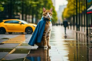uma gato vestindo uma capa em uma chuvoso dia. gerado por IA foto