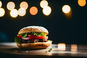 uma Hamburger sentado em uma mesa com luzes dentro a fundo. gerado por IA foto