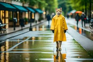 uma gato dentro uma amarelo capa de chuva caminhando baixa uma molhado rua. gerado por IA foto