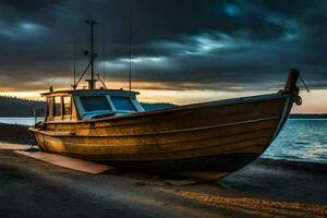 uma barco senta em a costa às pôr do sol. gerado por IA foto