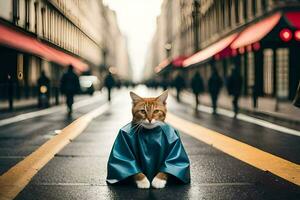 uma gato dentro uma azul capa de chuva sentado em a rua. gerado por IA foto