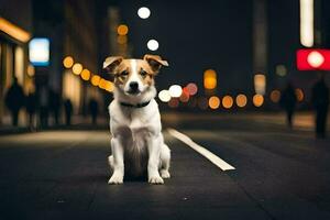 uma cachorro sentado em a rua às noite. gerado por IA foto