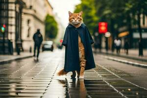 a laranja gato dentro uma casaco caminhando baixa uma rua. gerado por IA foto