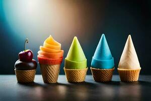 cinco gelo creme cones com diferente cores. gerado por IA foto