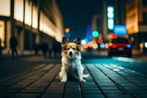 uma cachorro sentado em a rua às noite. gerado por IA foto