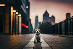 uma cachorro sentado em a calçada dentro frente do uma cidade. gerado por IA foto