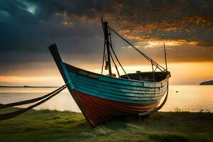 uma barco senta em a costa às pôr do sol. gerado por IA foto