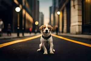 uma cachorro sentado em a rua dentro uma cidade. gerado por IA foto