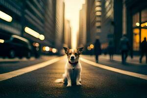 uma cachorro sentado em a rua dentro uma cidade. gerado por IA foto