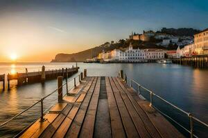 a Sol conjuntos sobre uma cais dentro Portugal. gerado por IA foto