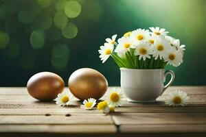 a Páscoa ovo e flores estão em uma de madeira mesa. gerado por IA foto