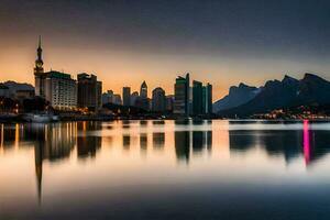 a cidade Horizonte é refletido dentro a água às pôr do sol. gerado por IA foto