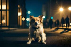 uma cachorro sentado em a rua às noite. gerado por IA foto