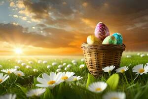 Páscoa ovos dentro uma cesta em uma campo. gerado por IA foto