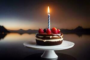 uma chocolate bolo com morangos e uma aceso vela. gerado por IA foto