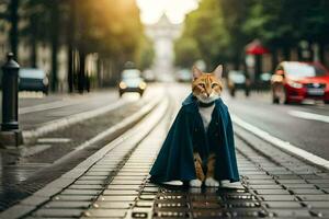 uma gato vestido dentro uma capa em pé em uma rua. gerado por IA foto