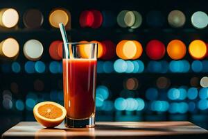 uma vidro do laranja suco com uma Palha em uma mesa. gerado por IA foto