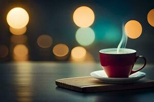 uma copo do café em uma de madeira mesa com uma bokeh fundo. gerado por IA foto