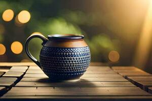 uma café caneca em uma de madeira mesa. gerado por IA foto