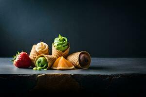 gelo creme cones com morangos e laranjas em uma Sombrio fundo. gerado por IA foto