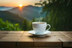 uma copo do café em uma de madeira mesa dentro a montanhas. gerado por IA foto