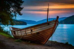 uma barco senta em a costa do uma lago às pôr do sol. gerado por IA foto