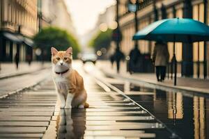 uma gato sentado em a rua dentro a chuva. gerado por IA foto