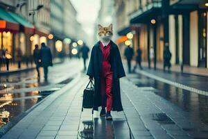 uma gato vestindo uma vermelho terno e carregando uma bolsa. gerado por IA foto