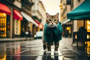 uma gato vestindo uma capa de chuva em uma chuvoso rua. gerado por IA foto